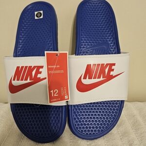 Nike White and Blue Benassi Slides with Red Logo. New With Tags .